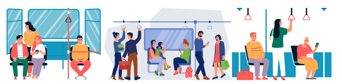 Vector image of people sitting on a bus, on a train and waiting for a bus at a bus station.